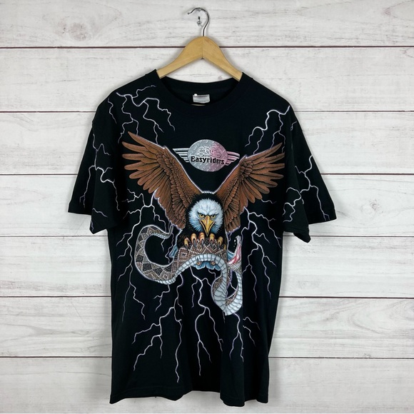 Vintage 90s Easyriders Thunder Lightning Biker AOP T Shirt Large 